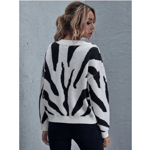 Zebra Stripes Printed V-Neck Sweater White & Black Drop Shoulder Knit - Picture 3 of 6